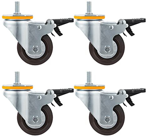 Suwooy Lenkrollen 100mm,M14/M16 Bolzen,Möbelrollen Gummi,Schwerlastrollen,Transportrollen,Schwenkrollen Mit Bremse/Ohne Bremse,4 STK,Jede Rolle Trägt EIN Gewicht Von 112kg,4Brakes-M14