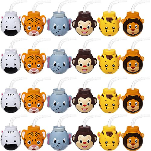 Lot de 24 gobelets en plastique réutilisables avec pailles et couvercles pour fête d'enfants sur le thème des animaux de la jungle pour éléphant, singe, lion, tigre, zèbre, girafe, safari