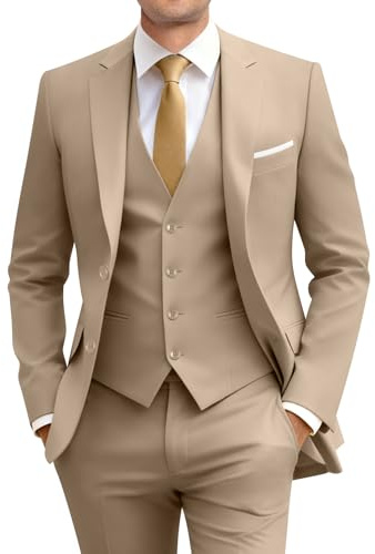 Men's Suit Slim Fit, 3 Piece Champagne Suits for Men, Solid Jacket Vest Pants with Tie, Prom Homecoming Wedding Tuxedo Set L
