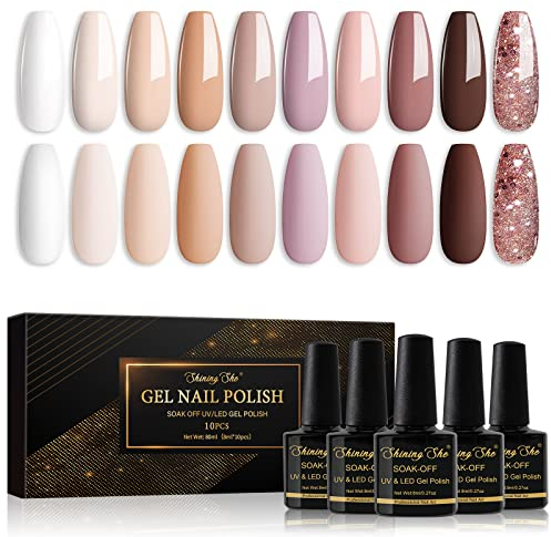 Shining She UV Nagellack Nude,10 Farben Nude Beige Rosa Weiß Champagner Braun Glitzer Gel-nagellack Soak-Off UV Gel Nagellack für Anfänger Art Salon DIY Nail, 8ML
