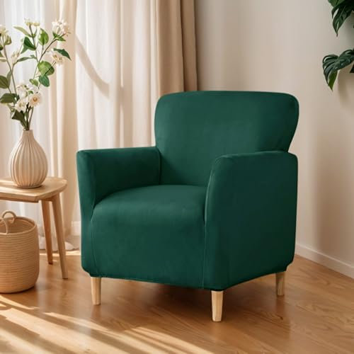 OKYUK Banquet Armchair Slipcovers Luxury Velvet Chair Slipcovers with Arms Stretch Chair Covers for Living Room Soft Armchair Slipcover Anti Slip Dog Pet Friendly Furniture Protector (Dark Green)