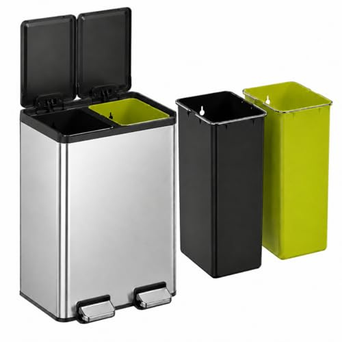 EKO Cubo de Basura Cocina 20L + 20L 2 Compartimentos Esencial | Papelera Reciclaje Acero Inoxidable con Pedal, Cierre Suave | Diseño Compacto y Funcional para Cocina Moderna