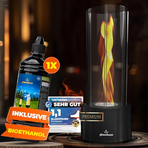 Glanzfeuer Bioethanol Tischkamin Outdoor & Indoor inkl. Bioethanol - Extra Lange Brenndauer mit Wirbelflamme - Tischfeuer Deko - Tisch Kamin Feuer Feuersäule - Garten & Deko Geschenk