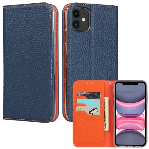 ELTEKER Hülle iPhone 11 Handyhülle [Echtes Leder] Klapphülle iPhone 11 mit Kartenfach,Schutzhülle Leder Hülle für iPhone 11-Blau