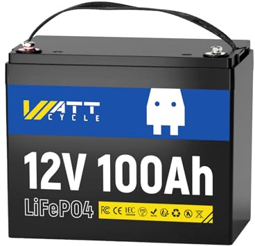 Wattcycle 12V 100Ah LiFePO4 Lithium Batterie - BCI Gruppe 24, 15.000 Zyklen, Eingebautes 100A BMS, Niedrigtemperaturschutz - Ideal für Wohnmobile, Golfwagen, Heimenergiespeicher, Boote