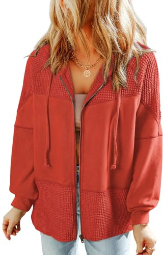 Dokotoo Womens Jackets Lightweight Trendy Waffle Knit Drawstring Contrast 2025 Fashion Hoodies for Ladies Zip Up Tops Fall Outfits Tops,Brick XX-Large