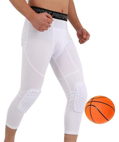 SHAIYOU Men's 3/4 with Knee Pads Compression Pants, Cool Dry Basketball Pants, Anti-collision Leggings Football Basketball, Sports Underwear (White,XXL)
