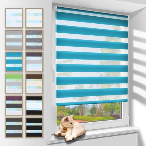 Zarnan Doppelrollo Klemmfix ohne Bohren Türkis 90x140cm(Stoffbreite 86cm) Duo Rollo Blickdicht Zebrarollo Rollos für Fenster ohne Bohren für Wohnzimmer Küche Büro lichtdurchlässig und verdunkelnd