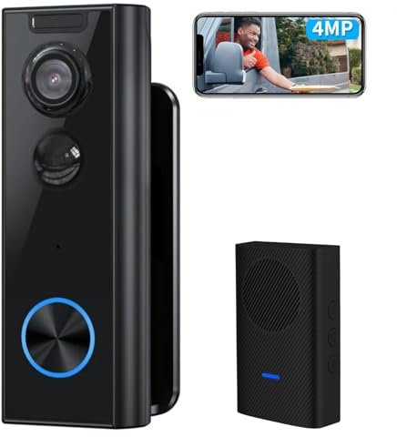 XTU Sonnette sans Fil avec Caméra, 4MP UHD Sonnette sans Fil Exterieur Etanche avec Support Multi-Angle, Détection Mouvement PIR, 2.4G WiFi, Audio Bidirectionnel, Compatible avec Alexa