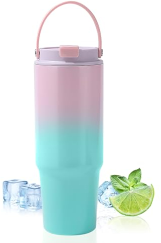 GOOFIT Thermobecher 880 ml mit Deckel und Strohhalm 30 Oz Kaffeebecher Aus Edelstahl Isolierung Von HeißEn und Kalten GeträNken Personalisierter Autobecher FüR Wasser,Kaffee Oder Eistee Rosa GrüN