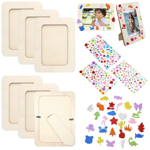 Fyfjur 6 cornici portafoto da dipingere, set fai da te con adesivi in schiuma e 3 set di pietre glitterate, cornici per foto, fai da te, in legno, per bambini, per compleanni, anniversari
