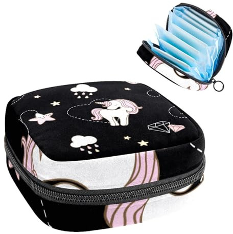 Aufbewahrungstasche für Damenbinden, Menstruationstasse, Tamponbeutel, Periodeneinlagen-Halter, Organizer für Frauen und Mädchen, Einhorn mit Sternenhimmel, Schwarz