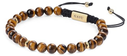 GAVU Bracciale Occhio di Tigre da Uomo, Bracciale da Uomo in Pietre Naturali con Chiusura Regolabile M-17cm