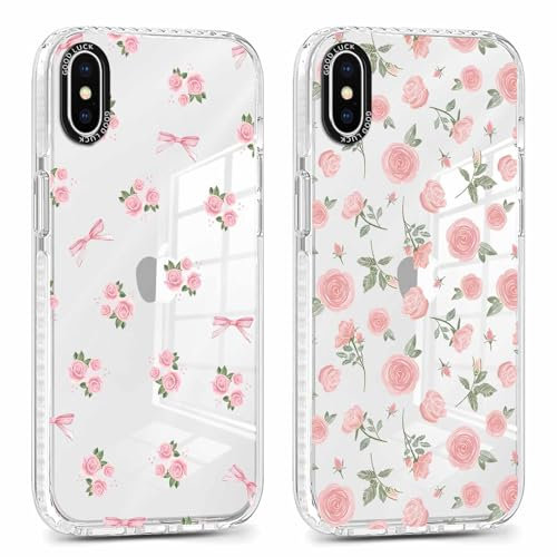 Phoona 2 Stück Handyhülle für iPhone X/XS Hülle 5,8'', Aesthetic Rosa Blumen Muster Design Weiche TPU Ultra Dünn Transparent Silikon Schutzhülle Kratzfeste Stoßfest Bumper Case für Mädchen