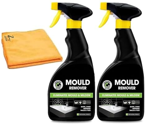 Mould & Mildew Remover Spray, 500ml, 2 Pack, Black Mould Cleaner | Microfibre Cloth, Bathroom, Tiles, Walls & Grout, Removes Damp Stains