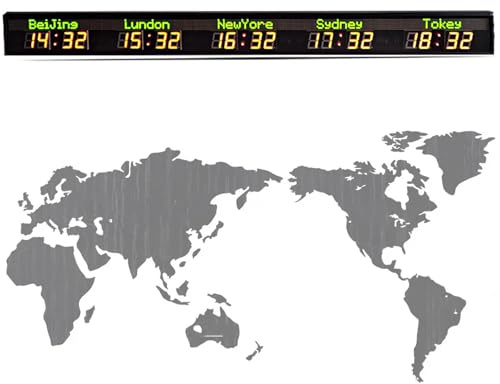orologio mondiale con 5 fusi orari, Orologio con fusi orari mondiali, orologio digitale led da parete, orologio da parete con 5 città e ora mondiale, per hotel/aziende/aeroporti/ufficio/scuola