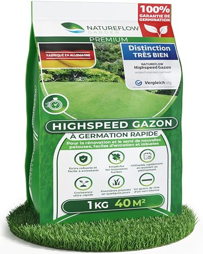 Gazon Regarnissage Rapide 1kg (40m2) - Fabriqué en Allemagne - Résistant & Autoréparation Naturelle - Pelouse Regarnissage - pelouse a semer - Semence Gazon Croissance Rapide