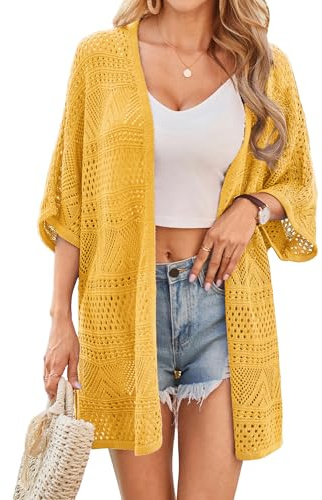 GRACE KARIN Cardigan estivo da donna a maniche corte all'uncinetto maglioni leggeri 2025 cardigan kimono boho oversize in maglia, Giallo, X-Large