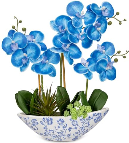 Briful Blaue Orchidee, künstliche Orchidee, 43,2 cm, künstliche Orchidee, Seidenblumen in blauer und weißer Vase, Kunstorchideen-Arrangement für Zuhause, Büro, Badezimmer, Tischregal, moderne