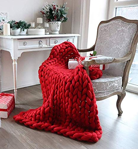 Handgefertigte grobe gestrickte Wolldecke Rot 100 x 200 cm Mode Sofaüberwurf Decke weich und kuschelig Yogamatte und Teppich
