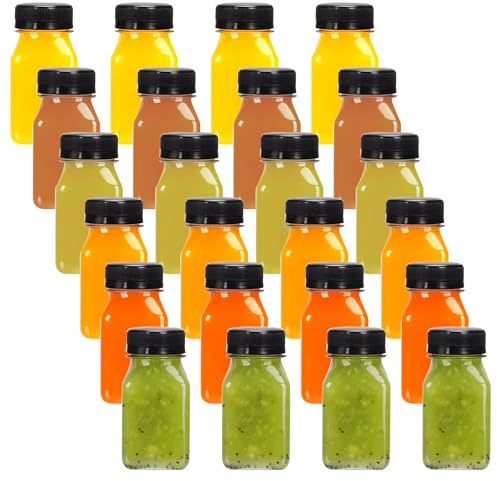 Generico 24-Pack 60 ML Small Plastic Juice Bottle - 2 oz Plastic Containers with Lids - Travel Bottle for Juice, Ginger Shots - Freezer and Dishwasher Safe Mini Containers with Lids