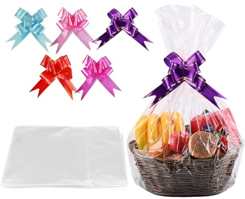 5 Pezzi Sacchetti di Cellophane Grandi con 5 Fiocchi, 90 x 140 cm