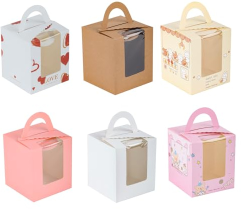36 Pcs Single Cupcake Boxes Individual Cake Clear Window Bakery Containers | 6 Colors, Handle, Wedding Bridal Showers Birthday Party Favors