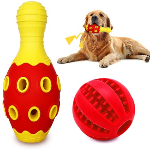 MynePets Interactive Dog Chew Toys with Bell, 2 Pack Bowling Pin & Ball Puppy Teething Toys for Small to Medium Dogs, Dental Chews for Boredom & Anxiety Relief, Red/Yellow