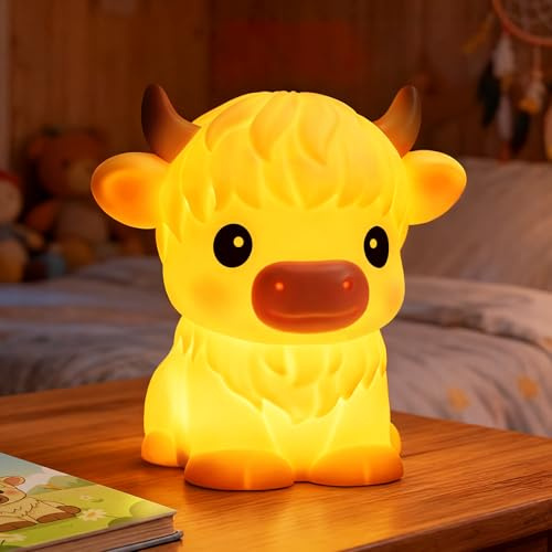 Mewaii Highland Cow Nachtlicht Kinder, wiederaufladbar, Weiches Silikon | Süßes Highland Cow Design, 30-Min.-Timer, 3 Dimmstufen, 4 weiße Rauschgeräusche, Geschenk für Jungen und Mädchen