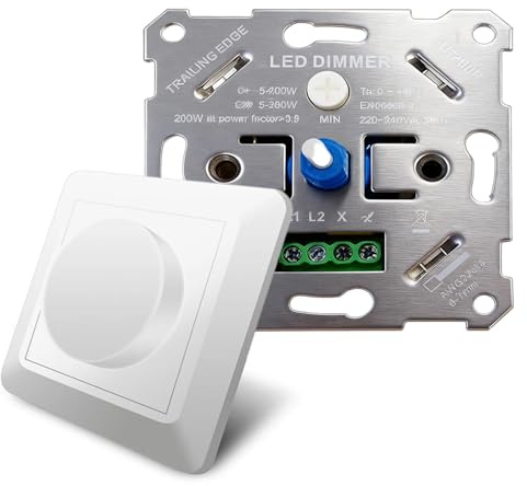 LED Dimmer 3-250 Watt inkl, Drehdimmer für dimmbare LED Lampen & Halogen 5-200W, Universeller LED Dimmer, Dimmer Schalter, Inklusive weißer Deckel