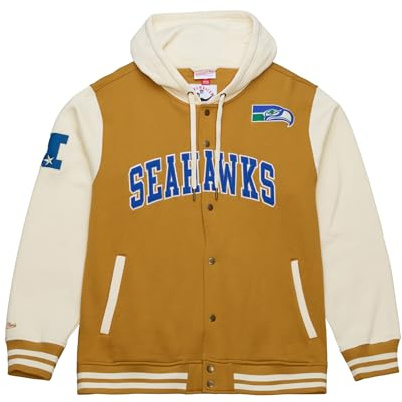 Mitchell & Ness NFL Vintage collegejacka med huva, färgkontrasterande ärmar, tryckknappslås, män, kvinnor, barn, unisex, vår, sommar, höst, vinter, ockrabrun, Seattle Seahawks, XXL