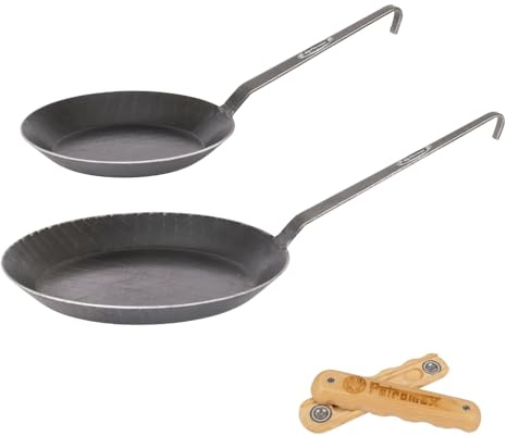 Petromax Pfannen-Set Schmiedeeisen SP20 & SP28 mit Holzgriff – 2 handgeschmiedete Pfannen, robust & vielseitig – Für Herd, Grill & offenes Feuer – Mit natürlicher Patina