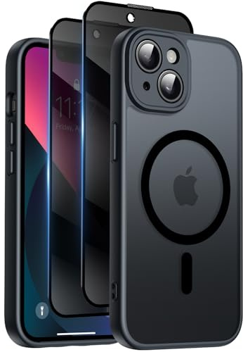 Qasyfanc Funda para iPhone 13, Compatible con MagSafe, Negro | Con 2 Cristales templados antiespía de privacidad, protección de cámara, carcasa trasera mate translúcida, fina y antigolpes