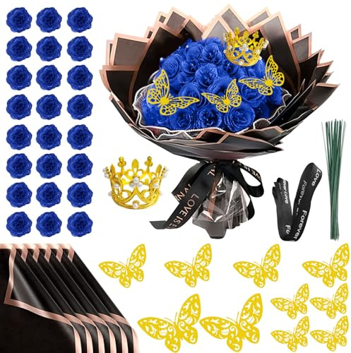 Glitter-rosbukett, alla hjärtans dag, 24 stycken konstgjorda rosbuketter, gör-det-själv konstgjorda glitterblombuketter med krona för gåvor, bröllop, årsdag, förlovning, födelsedag, mors dag (mörkblå)