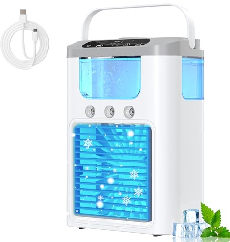 Desktop Air Cooler with 600ML Large Water Tank, USB Portable Air Conditioner, 3 Wind Speeds & 3 Mist Modes, 7-Color LED Light, Built-in 1200mAh Battery, Quiet Cooling Fan for Home Office Car Camping