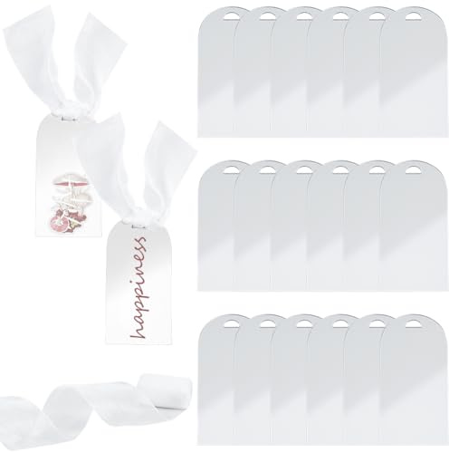 BEAMARKER 20 Tarjeta de Lugar de Acrílico Plateado con Espejo Y Cinta de Organza de 5 m, 3.54 x 1.77 Pulgadas, Etiquetas Colgantes En Blanco para Bricolaje, Tarjetas de Asiento para Bodas, Decoración
