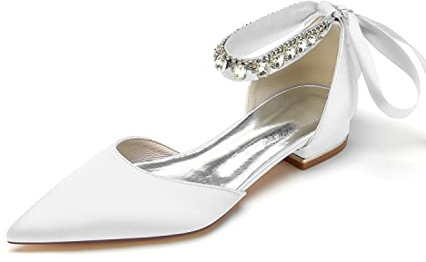 Yhsdfcn Satin Ballerinaskor med Rhinestones för Damer Spetsig Tå Ankelrem Bandrosett Bröllopsskor Brud Festmode,White,EU40