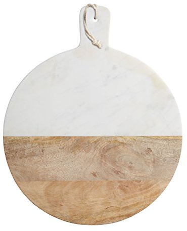 MasterClass Tabla de Cortar y Bandeja de Servir 2 en 1, Tabla de Cortar de Madera y Bandeja de Servir de Mármol Blanco, Redonda con Asa y Cuerda para Colgar, 40cm Diámetro, 50cm con Asa, 1 Cantidad