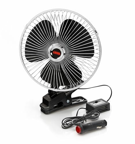 LAMPA Ventilateur 73111 avec fiche pour allume-cigarre | Grille métallique chromée, pivotante, pince clip, connecteur sécurisé, interrupteur et voyant LED