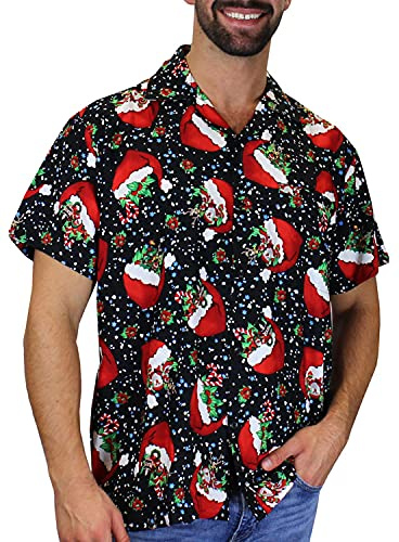Funky Hawaiisk Hawaiian Skjorta, Kortärmad, Jul, X-Mas, Christmas Flying Hats, Svart, 3XL
