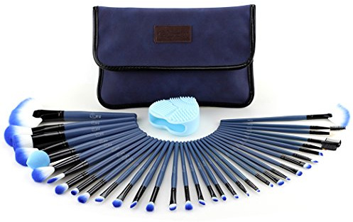 Glow Blue Makeup Brushes Set - 34-teiliges Make-up Brush Set mit Make-up Pinsel Cleaner/Scrubber Für Make-up für Gesicht und Augen - Wildleder-Stoffetui - Handy Cosmetic Makeup Kit - Blaue Farbe