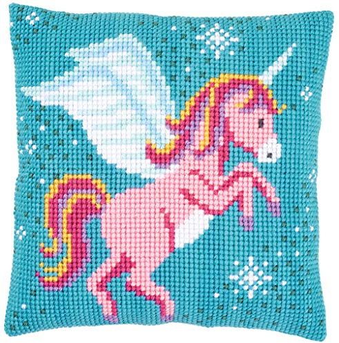 Vervaco Kreuzstich Stickpackungen Kissen Stickerei Set Anfänger Vorgedruckt Einhorn DIY Set Kreativ Set Für Erwachsene Dekoratives Kissen ca. 40 x 40 cm Bastelset Handwerker Haus Dekoration