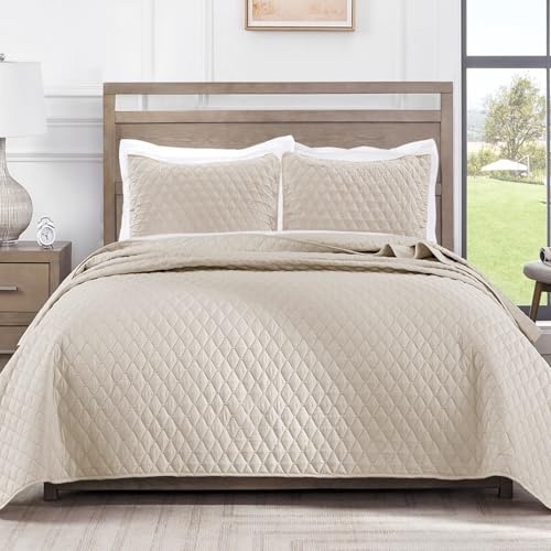 Exclusivo Mezcla Reversible King Size Quilt Bedding Set with Pillow Shams, Lightweight Quilts King Size, Soft Bedspreads Bed Coverlets for All Seasons - (Brich Beige, 104x96)