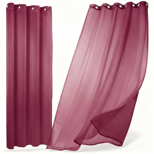 BEAUTEX Vorhang mit Ösen oder Kräuselband, transparente Gardine Dolly, Farbe und Größe wählbar (Ösenschal - Breite 140 cm - Höhe 240 cm - 2 Stück - Bordeaux)