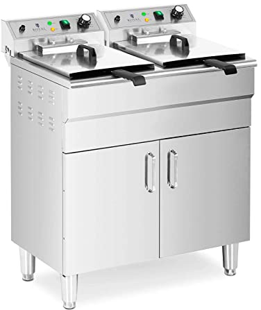 Royal CateringFriteuse Électrique Professionnelle Semi-Professionnelle Avec Robinet De Vidange Sur Pied Armoire Double Bac Triphasée (2 x 16 l, 10 000 W, 60-200 °C, triphasé 400 V)