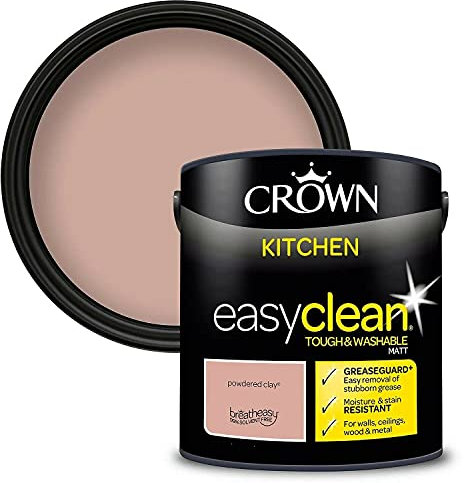 2.5L CROWN Easyclean Kitchen MATT Emulsion Multi Surface Paint With GREASEGUARD+ That can be Used on Walls, Ceilings, Wood and Metal. Stain & Scrub Resistant Formula – Powdered Clay
