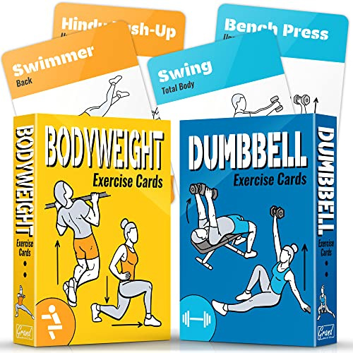 [2-PACK] Bodyweight & Dumbbell Workout Cards - Large Size 5 x 3.5 Exercise Cards Deck with 100 Different Exercises, Perfect for Circuit Training & Weightlifting - Fitness Cards for Women & Men
