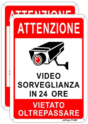 Joffreg Cartello Attenzione Videosorveglianza in 24 Ore Vietato Oltrepassare in Alluminio,18 x 25 cm,Facile da installare,per Uso Interno o Esterno,Resistente UV,Resistente alle intemperie,2 pz