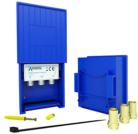 Anadol 2/1 DiseqC Schalter 2.0, Switch für Satellitenschüssel, für Empfang von 2 Satelliten für 1 Teilnehmer, Wetterschutzgehäuse, HDTV, LNB Umschalter + 3X FStecker + Kabelbinder + Dübel Schrauben
