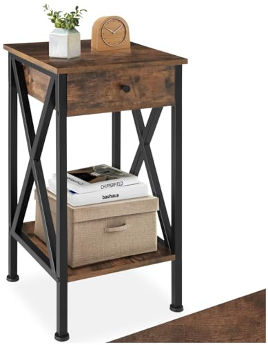 tectake® Industrial Möbel, Beistelltisch mit Schublade, Couchtisch mit Ablageflächen, Nachttisch schmal Schlafzimmer Deko,35 x 35 x 70,5 cm, Wohnzimmer Möbel - Industrial dunkel, rustikal